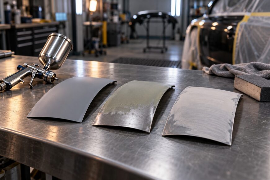 Metal test panels with different primer types laid out on a workshop workbench next to a paint spray gun
