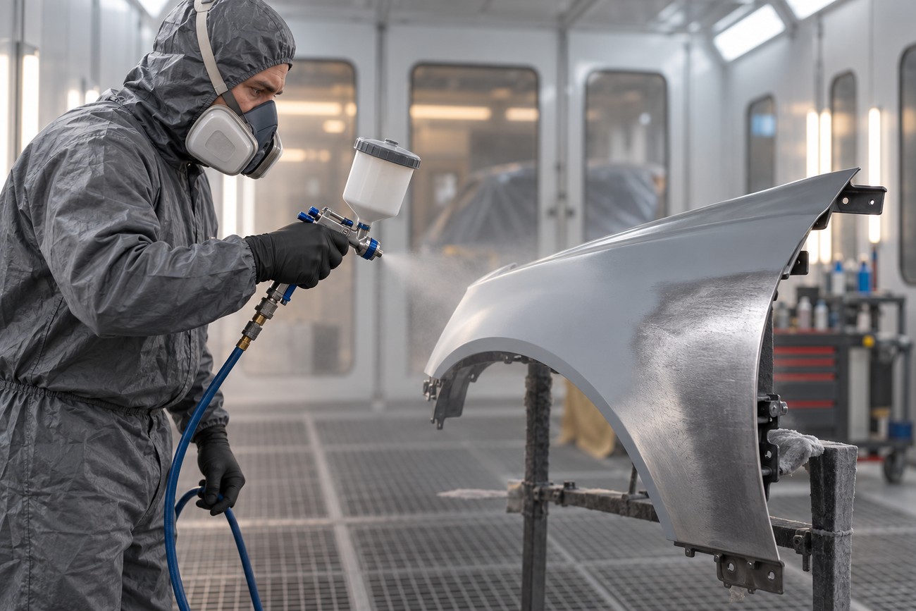 A technician wearing a protective suit and respirator sprays primer onto a car fender in a workshop