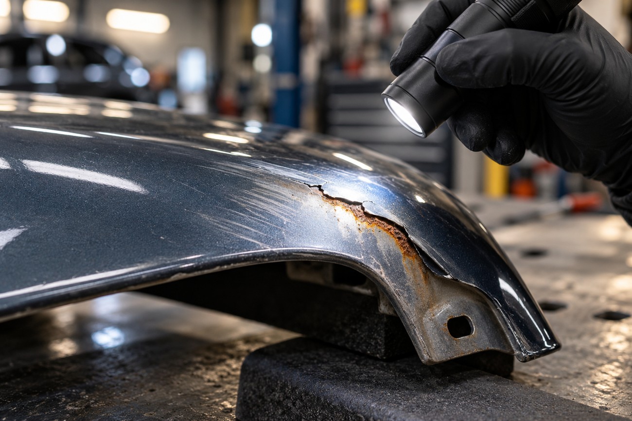 A mechanic in black gloves holding a flashlight to inspect rust and paint damage on a car body panel