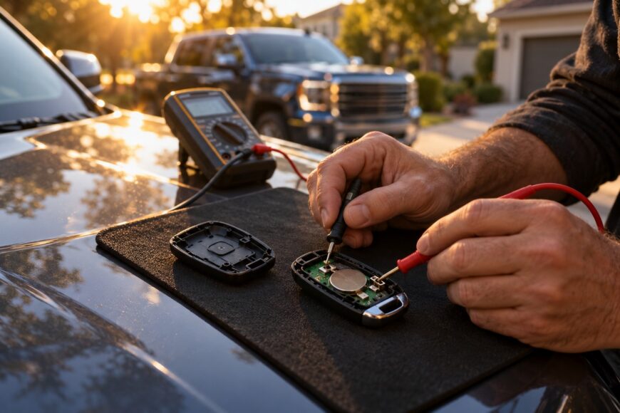 Man using multimeter probes to test a disassembled car key fob on a car hood during sunset