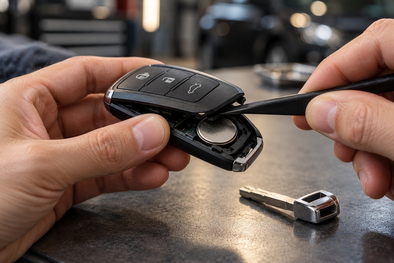 Person using a tool to open a car key fob to replace the coin cell battery on a workshop table