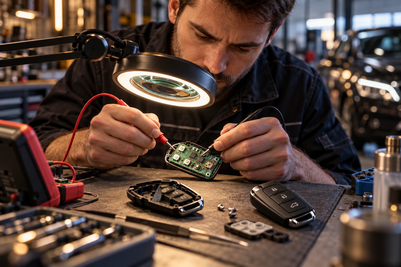 A concentrated technician tests the electronic circuit board of a car key fob with a multimeter under a magnifying lamp in a workshop