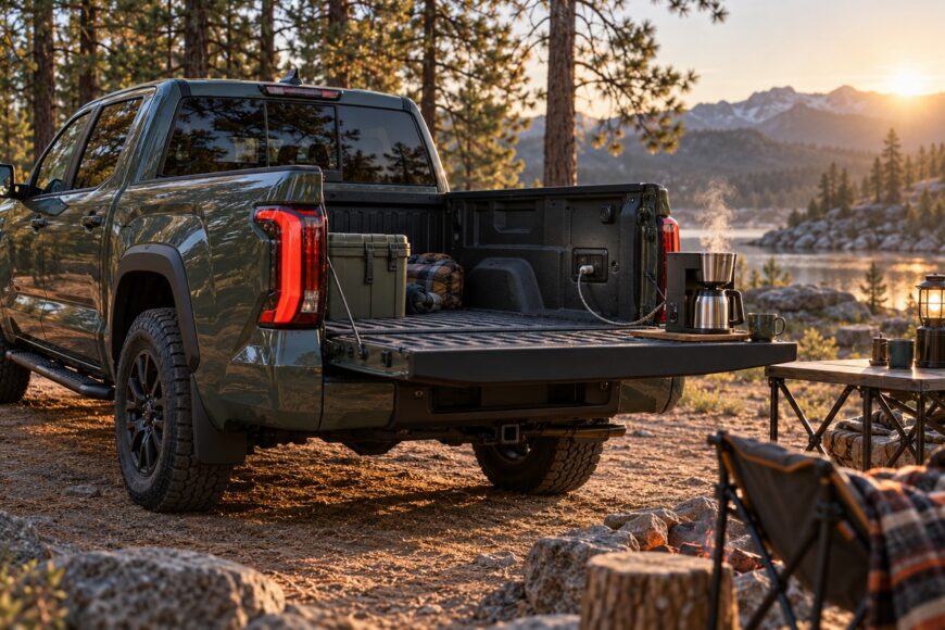 A coffee maker plugged into the truck bed outlet of a green Toyota Tundra Hybrid parked by a scenic lake at sunset