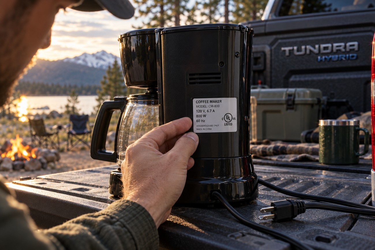A person pointing at the power specification label of a coffee maker on a Toyota Tundra Hybrid tailgate at a campsite