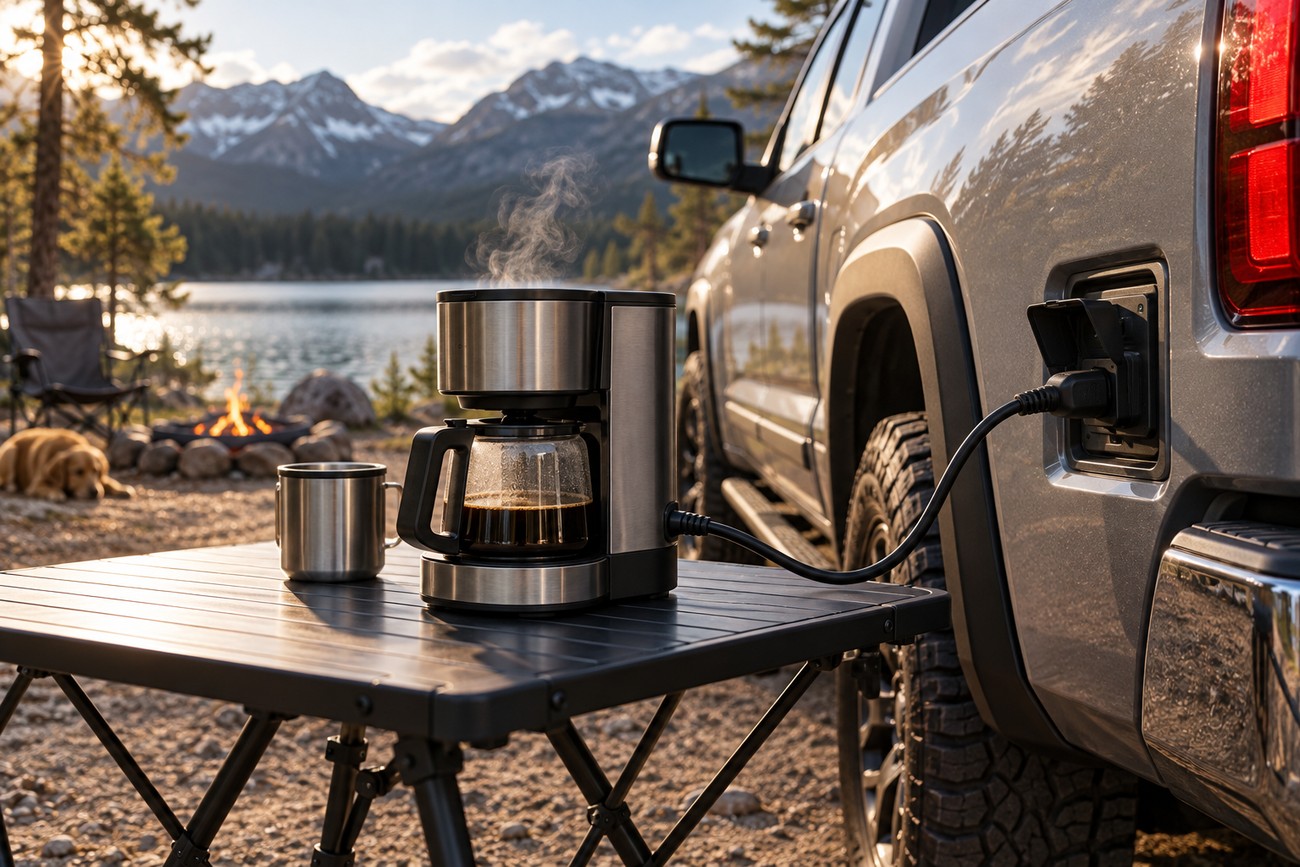 A coffee maker plugged into the power outlet of a Toyota Tundra Hybrid parked by a scenic mountain lake