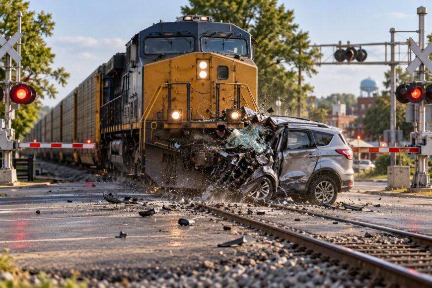 A freight train colliding with a heavily damaged silver Ford Escape SUV at a railway crossing