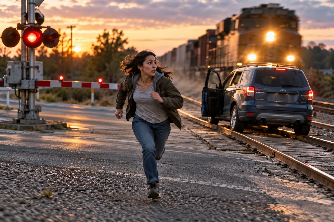 A panicked woman runs away from a train approaching a Ford Escape stalled on the railroad tracks
