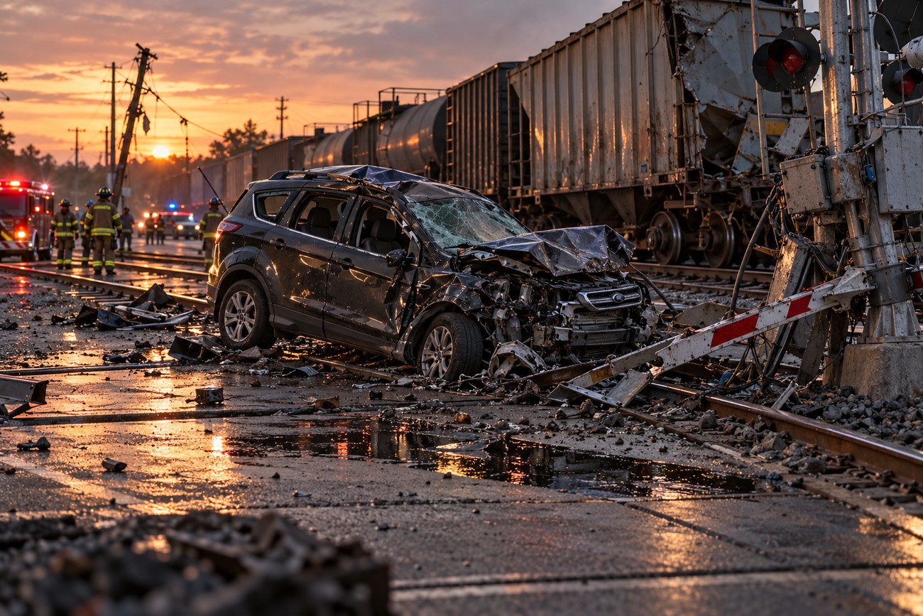 Severely damaged dark Ford Escape SUV crashed on railroad tracks near derailed freight cars during sunset
