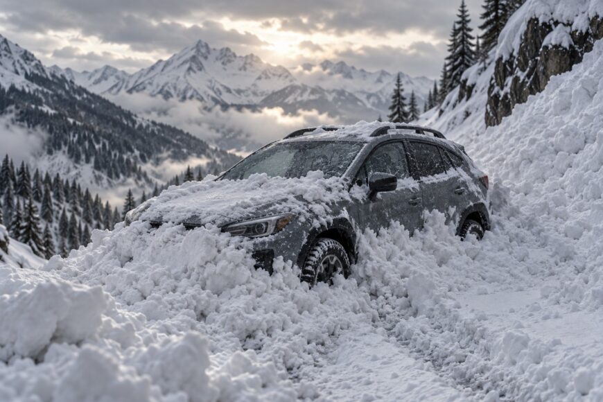 A gray Subaru Crosstrek trapped and partially buried in deep snow on a winding mountain road with snowy peaks in the background