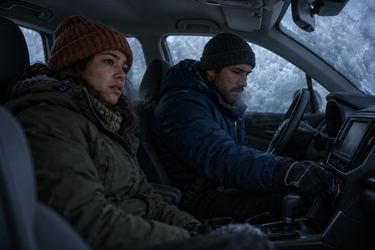 A man and a woman sitting inside a Subaru Crosstrek surrounded by snow with worried expressions