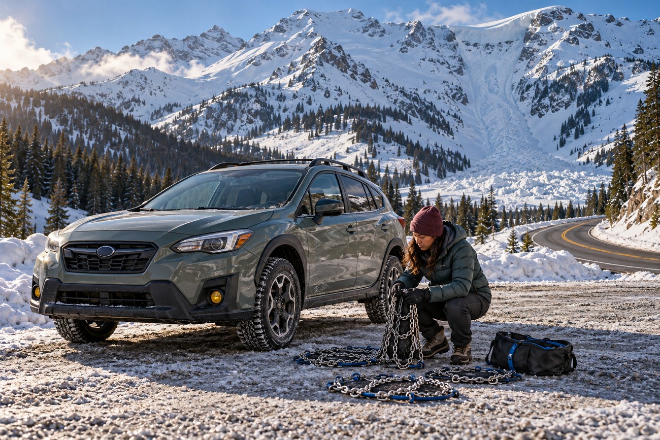 A woman crouching next to a Subaru Crosstrek parked on a snowy roadside while preparing tire chains with mountains in the background