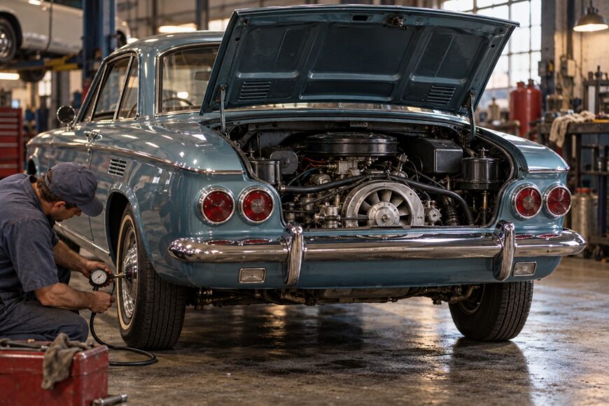 A mechanic checks the tire pressure of a blue classic Chevrolet Corvair with its rear engine open inside a garage