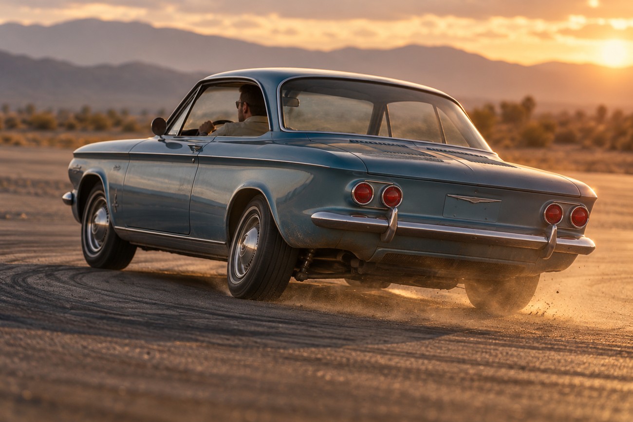 A vintage blue Chevrolet Corvair coupe drifts on a dusty track kicking up sand during sunset with mountains in the background