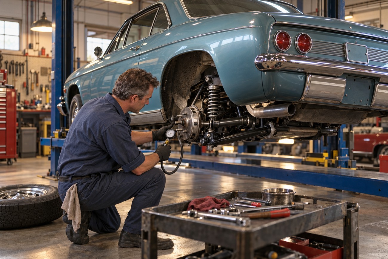 Mechanic in dark overalls inspecting the rear suspension and brake assembly of a classic blue Chevrolet Corvair on a hydraulic lift in a garage