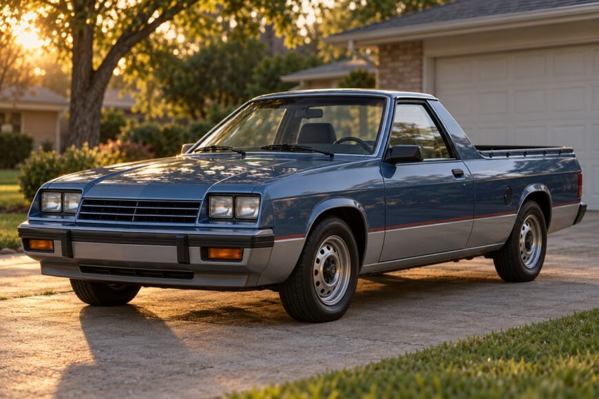 Classic blue and silver Dodge Rampage mini pickup truck parked in a residential driveway at sunset