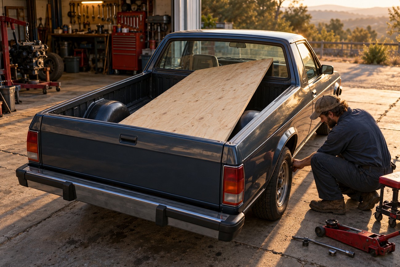 A man crouching next to a blue Dodge Rampage mini pickup truck with plywood loaded in the truck bed outside a garage