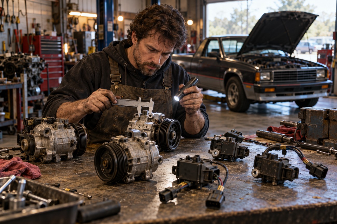 A mechanic in overalls uses a caliper and flashlight to measure engine parts at a cluttered workbench inside an auto repair shop with a vintage Dodge Rampage truck parked behind him