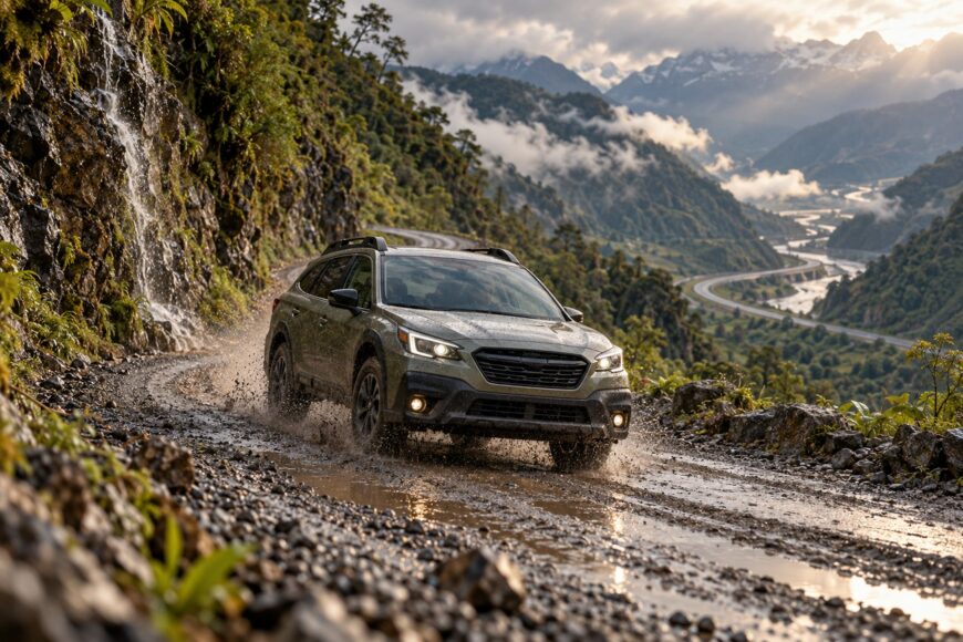 A green Subaru Outback drives through muddy water on a scenic mountain road during a road trip