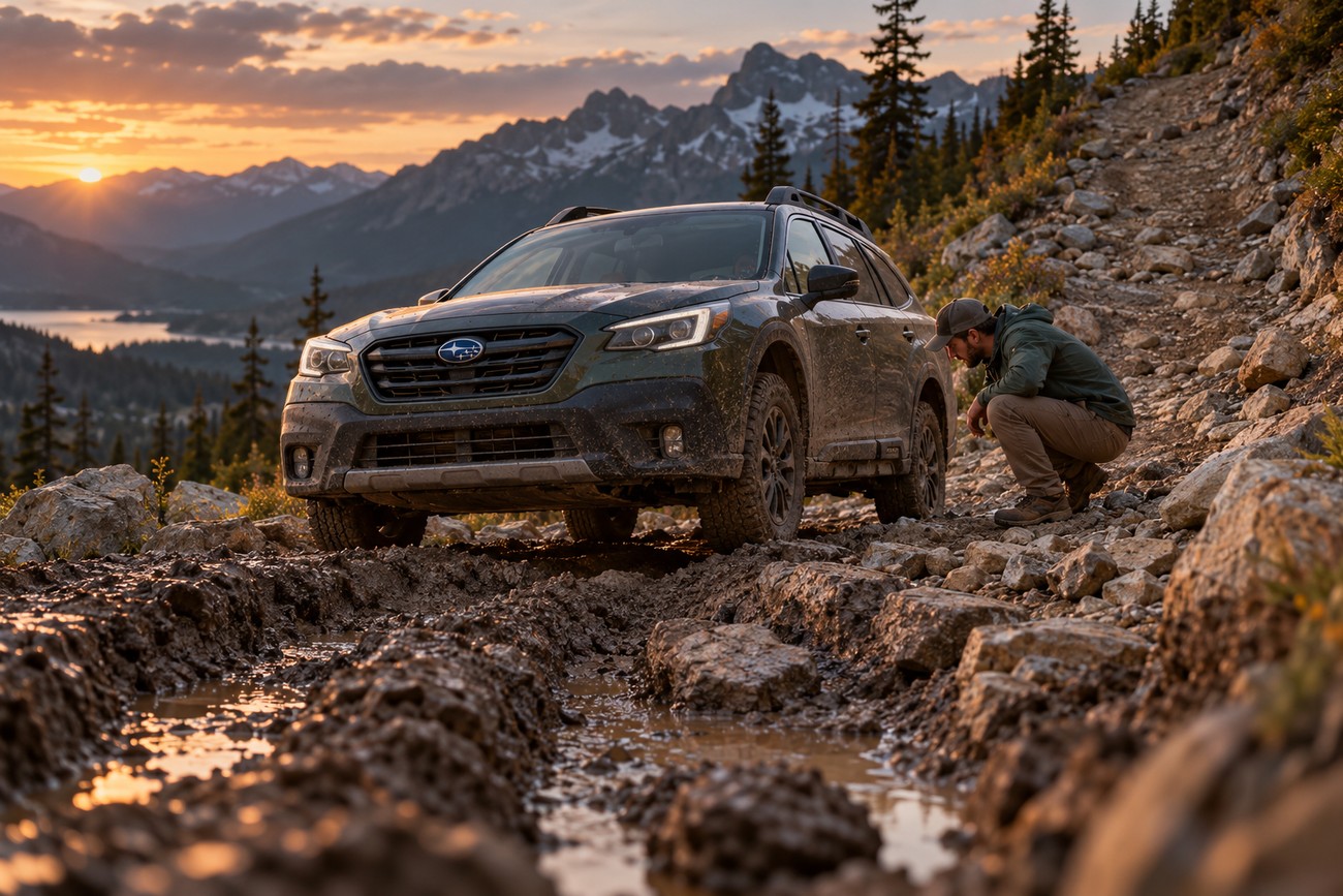 A man crouching to inspect the wheel of a muddy Subaru Outback parked on a rocky mountain trail at sunset