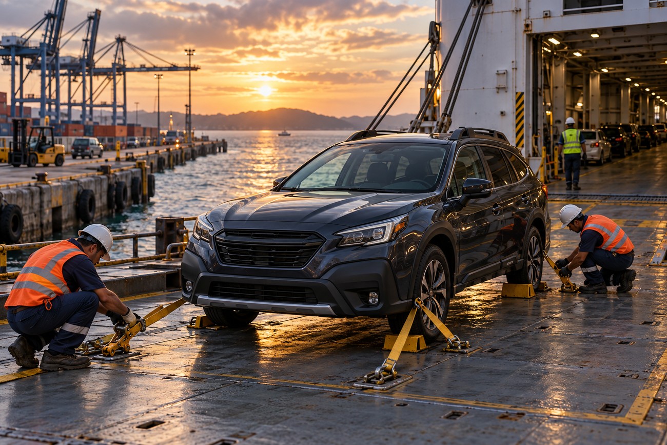 Dock workers securing a dark Subaru Outback with yellow straps on the deck of a cargo ship at sunset