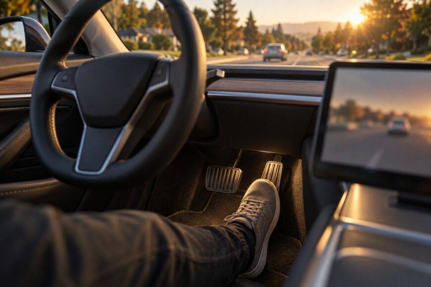 Driver wearing a sneaker pressing the single accelerator pedal in a modern Tesla electric car interior during sunset