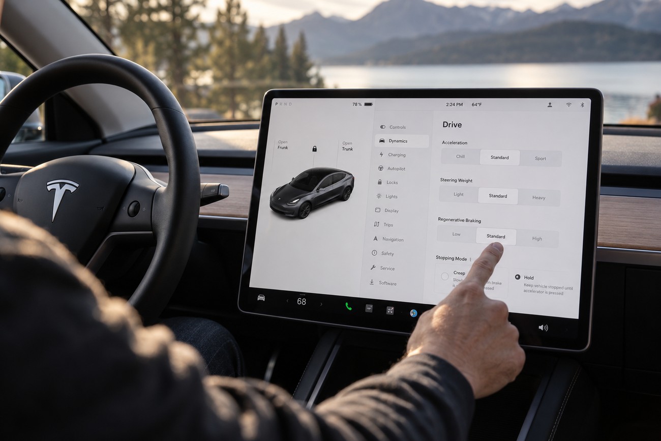 Driver touching the central screen in a Tesla interior to adjust regenerative braking settings