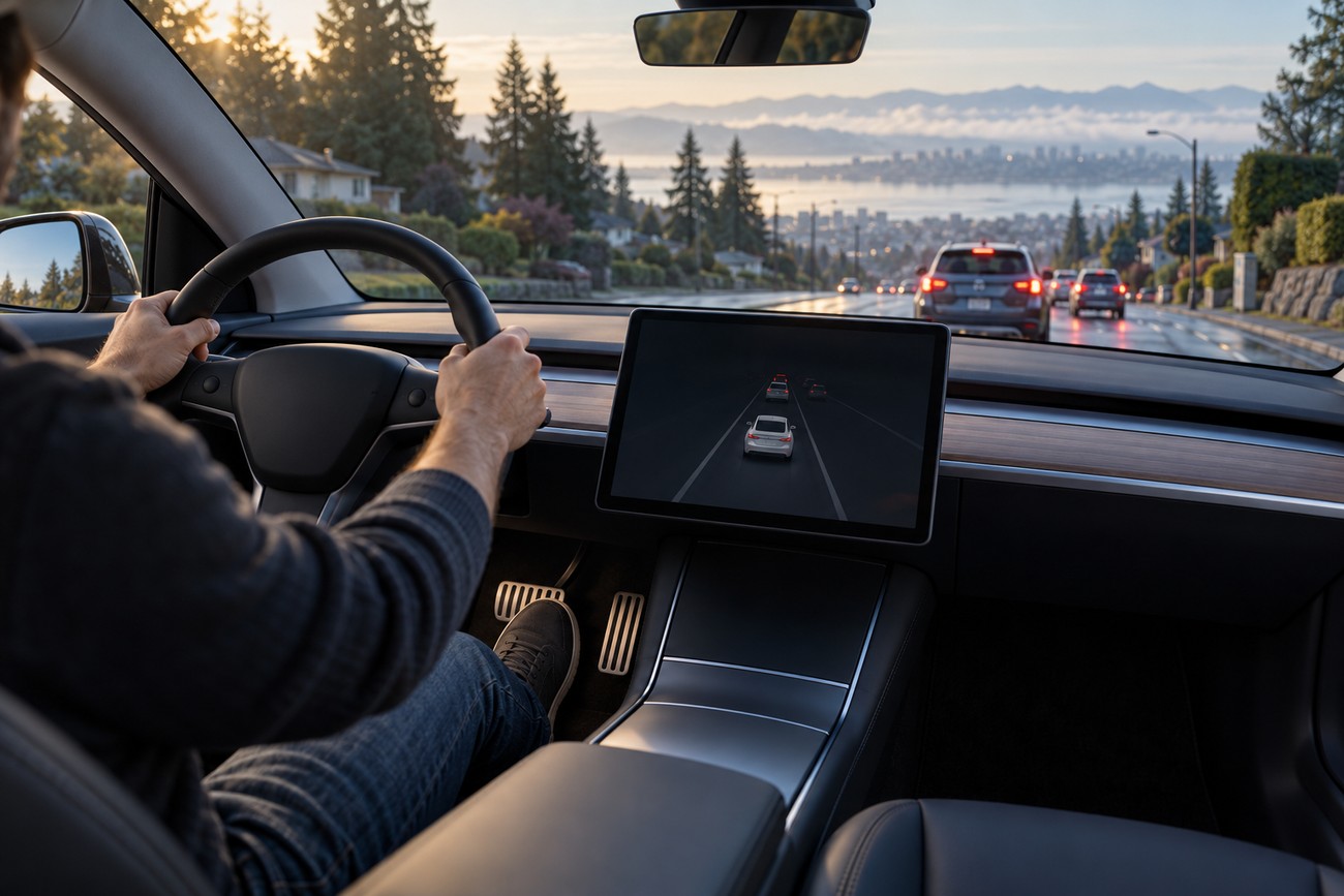 Driver sitting inside a Tesla electric car holding the steering wheel with one foot positioned on the accelerator pedal