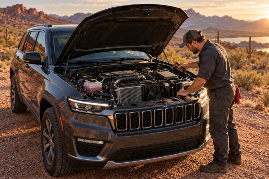A mechanic inspecting the engine bay of a Jeep Grand Cherokee with an infrared thermometer in the Arizona desert