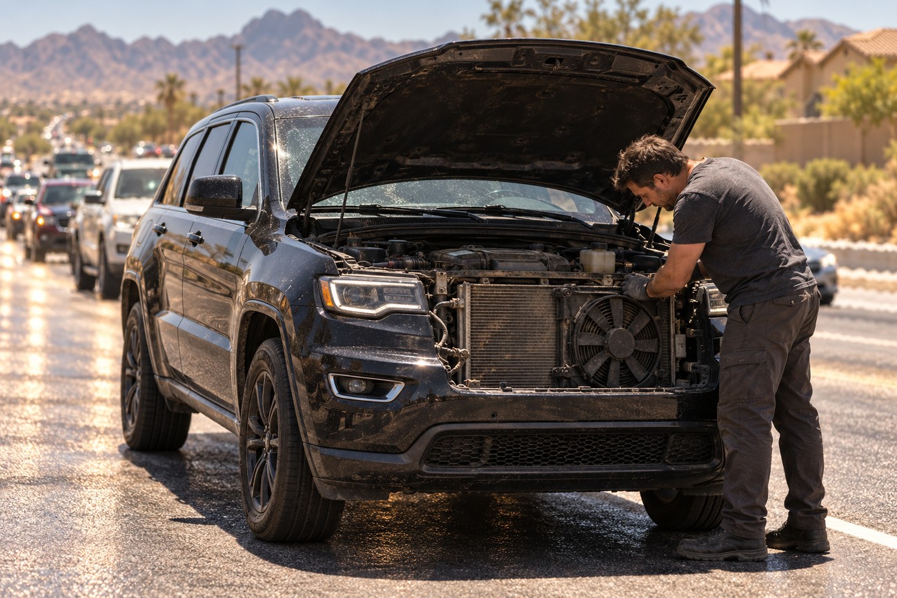 A man looking under the raised hood of a black Jeep Grand Cherokee stopped on a hot Arizona highway