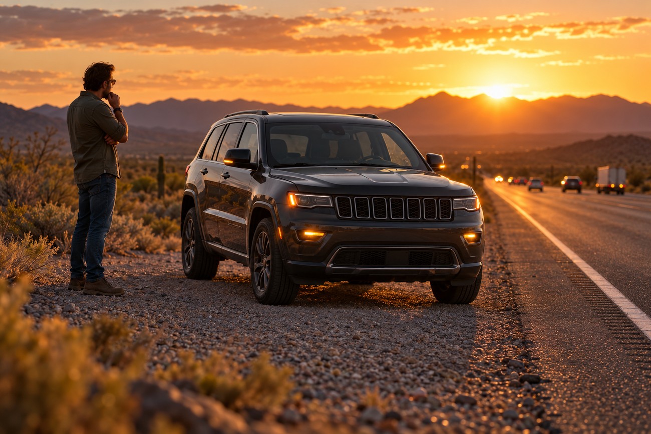 A man standing by a dark Jeep Grand Cherokee parked on the shoulder of an Arizona highway at sunset