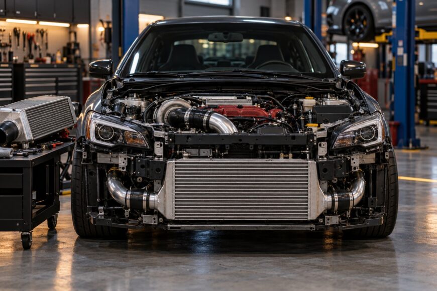 Front view of a dark turbo car with an installed front mount intercooler in a professional auto repair shop