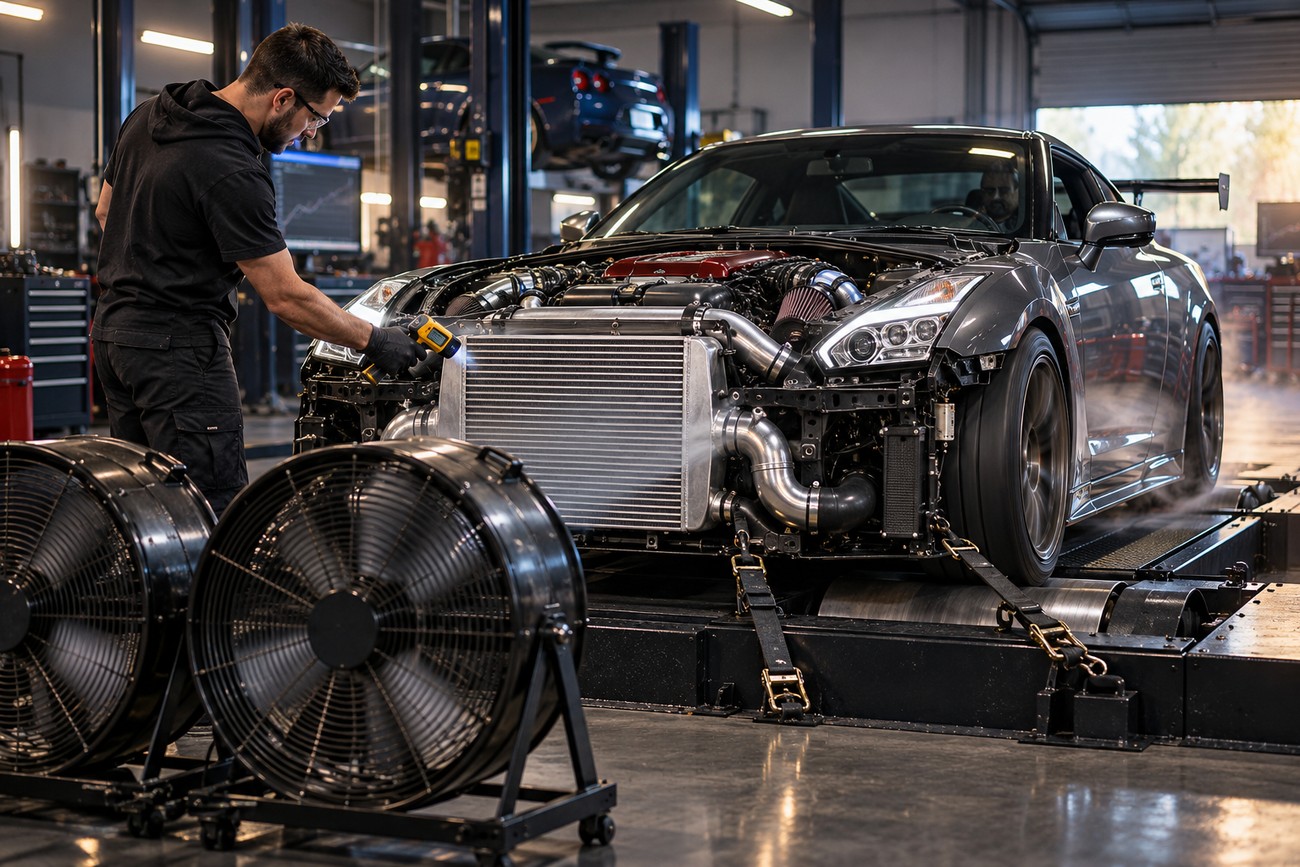 Mechanic measuring temperature of a large front mount intercooler on a sports car during dyno testing