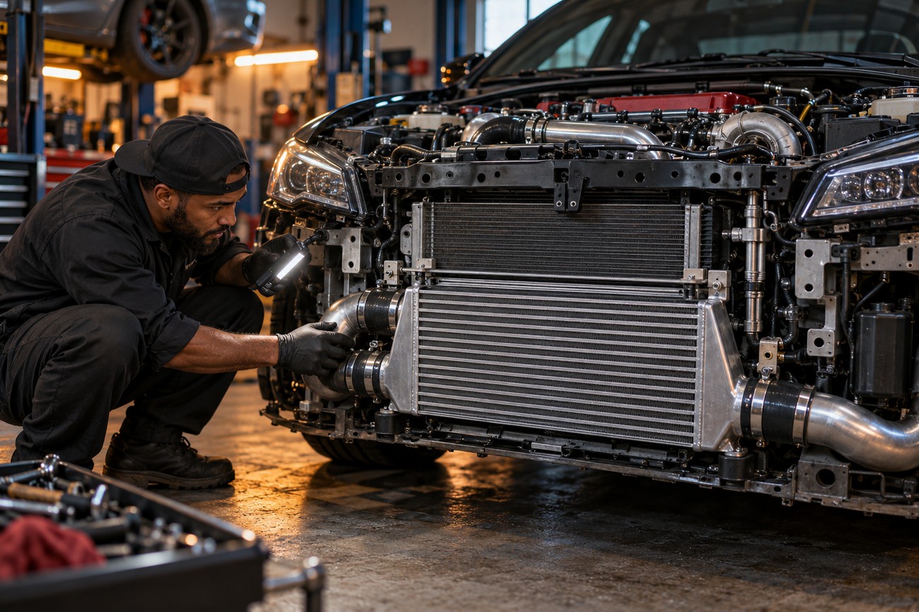 Mechanic inspecting a front mount intercooler and intake piping installed on a turbo car in a workshop