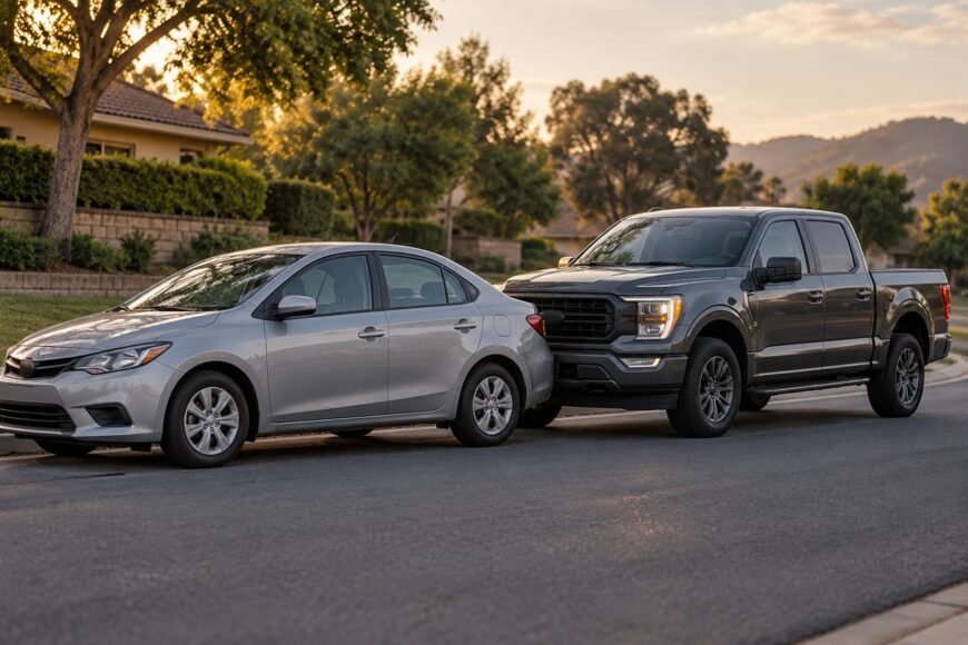 A dark gray Ford F-150 pickup truck pushing a silver sedan with its front bumper on a suburban residential street