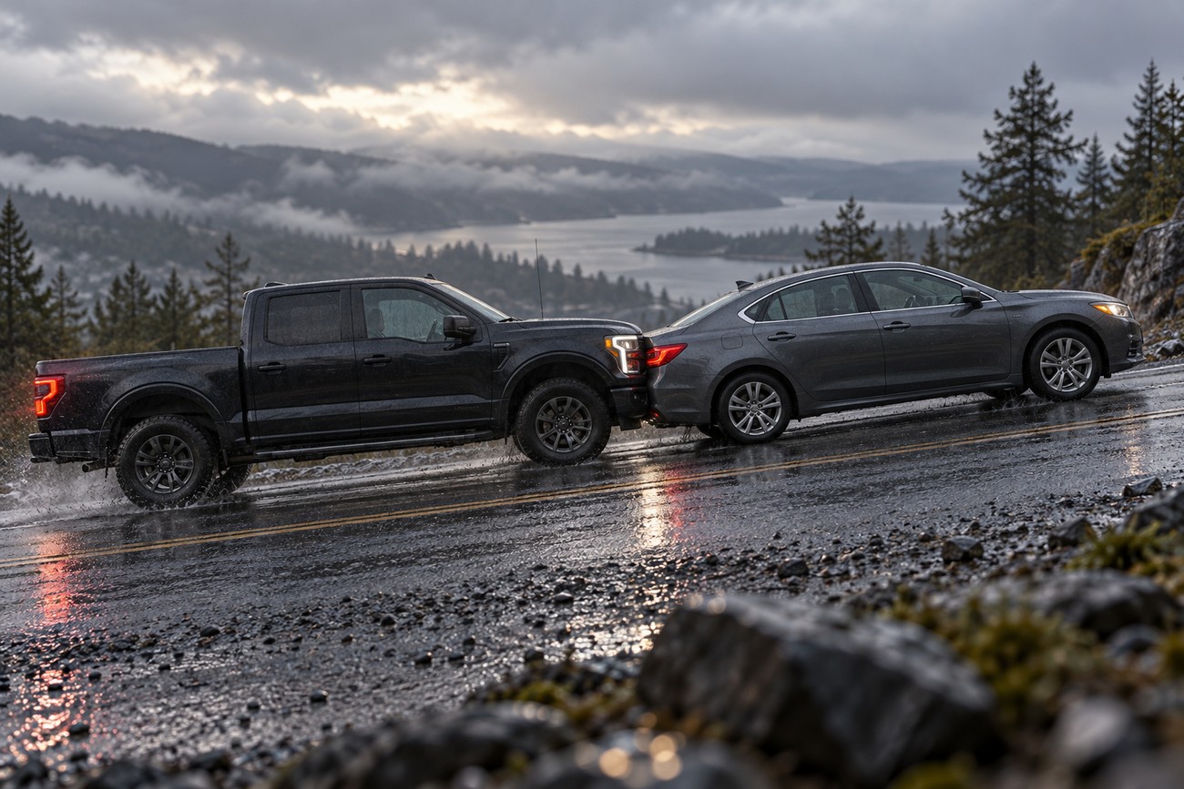 A dark Ford F-150 pickup truck pushing a disabled grey sedan with its front bumper on a wet mountain road