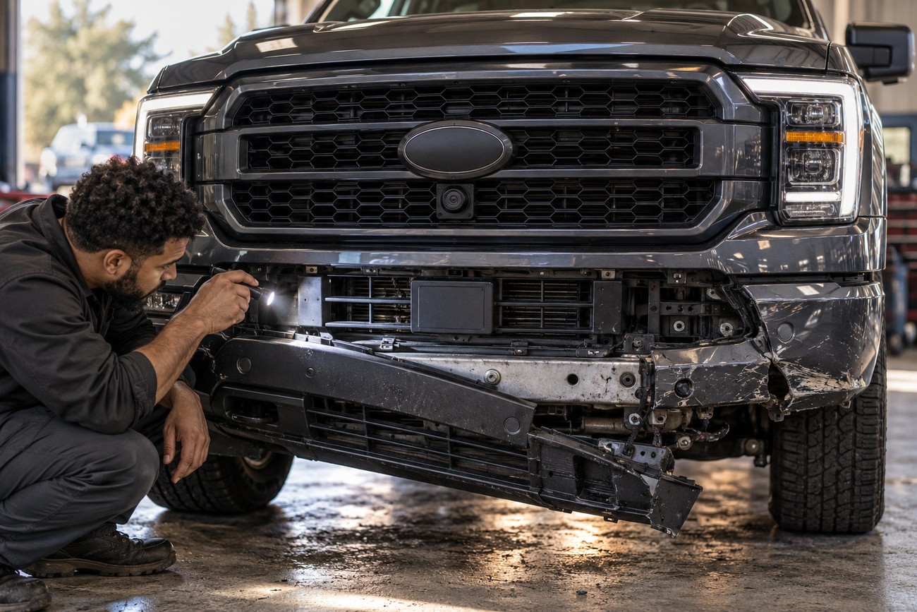 A mechanic inspecting the damaged front bumper of a dark Ford F-150 truck with a flashlight in a garage