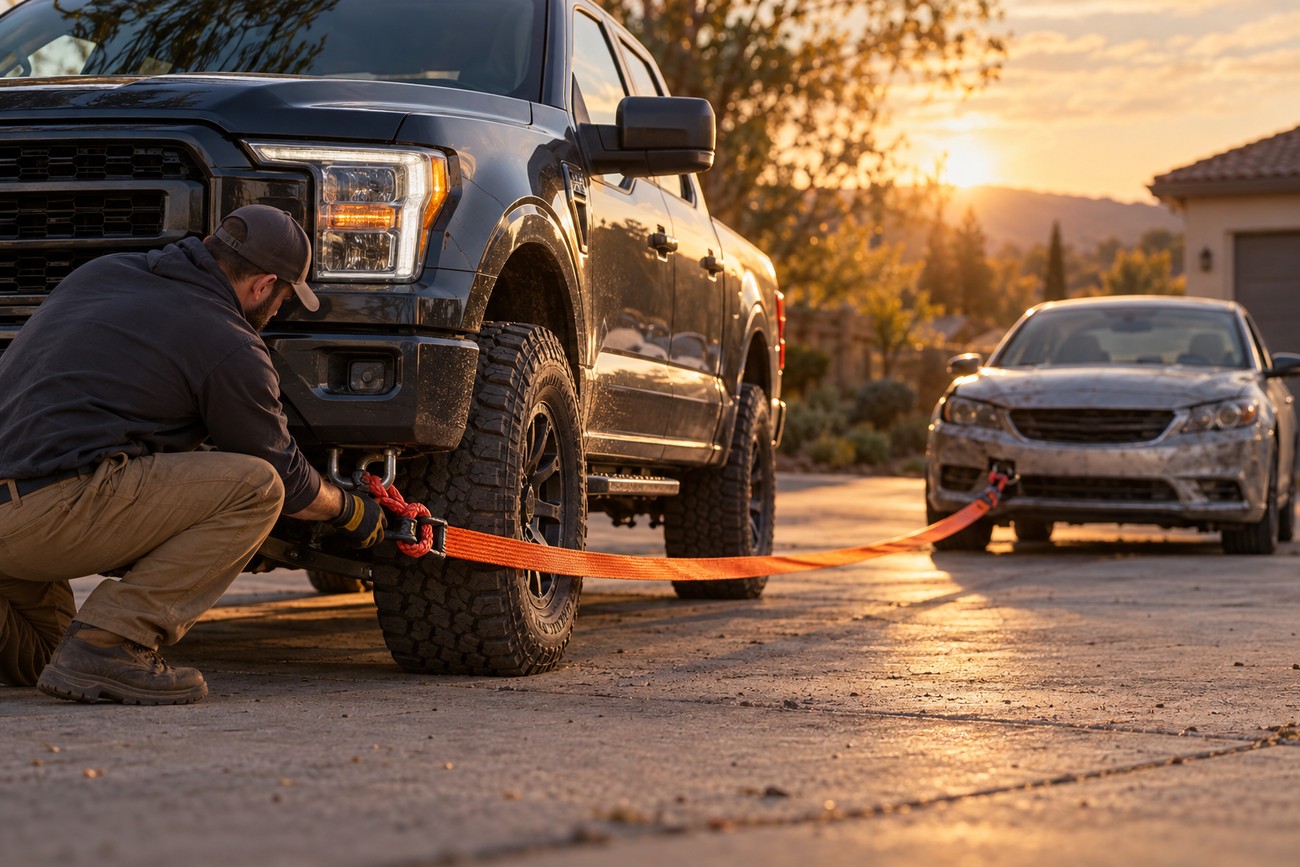 A man crouching by the front bumper of a Ford F-150 truck to attach a towing strap connected to a disabled car