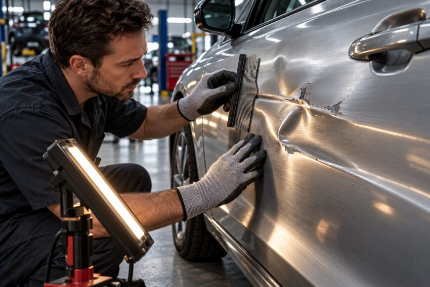 Mechanic wearing protective gloves examining a severe dent on an aluminum car body panel with a contour gauge and LED light