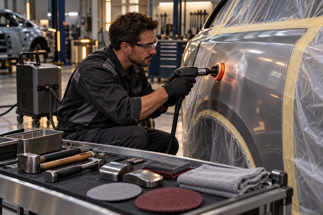 A mechanic wearing safety glasses and gloves uses a tool to repair an aluminum car body panel in a workshop