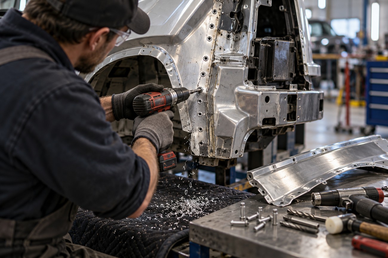 A mechanic wearing safety glasses and gloves uses a power drill on an aluminum vehicle body panel