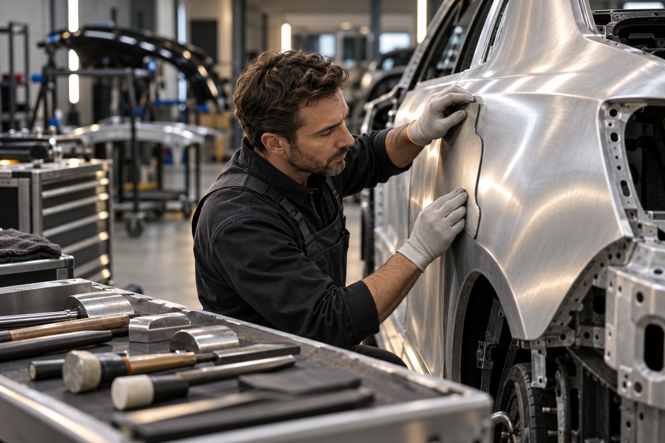 A mechanic wearing gloves inspecting an aluminum body panel of a car in a workshop
