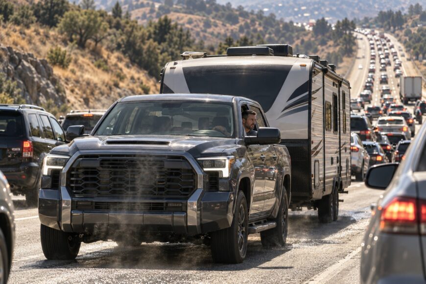 Dark Toyota Tundra truck towing a travel trailer in heavy highway traffic with steam rising from the front end