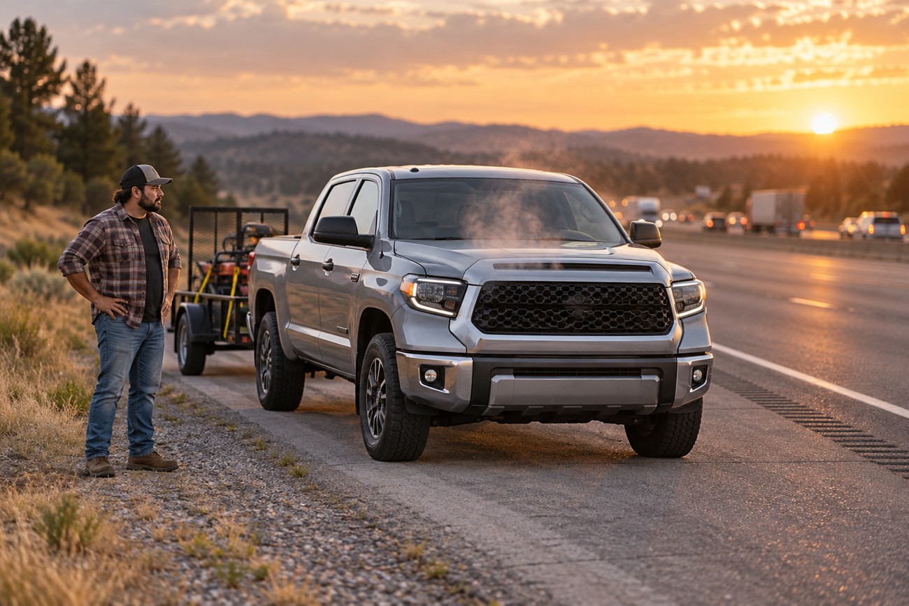 Frustrated driver standing on the highway shoulder next to an overheating silver Toyota Tundra towing a utility trailer at sunset