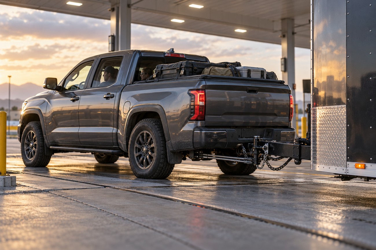 A gray Toyota Tundra pickup truck towing an enclosed cargo trailer stopped at a gas station canopy during sunset