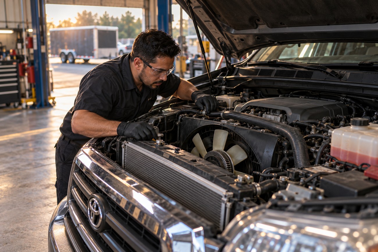 A mechanic in safety glasses inspecting the engine compartment and cooling system of a Toyota Tundra in a repair shop