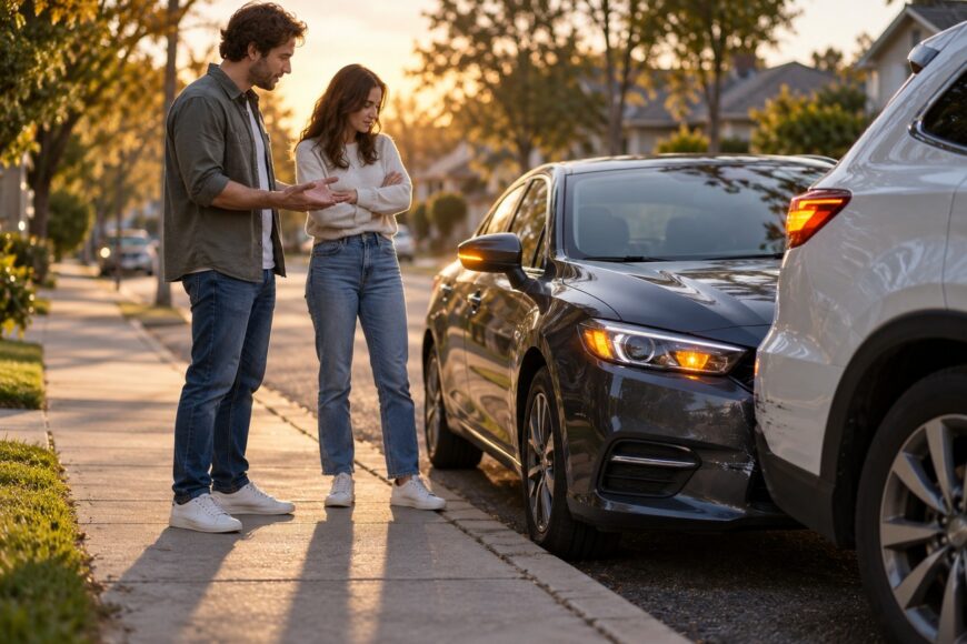 A man and a woman standing on the sidewalk discussing a minor car collision between their vehicles