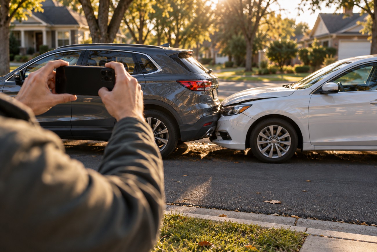 Driver taking photos of a minor car collision between a white sedan and a gray SUV using a smartphone