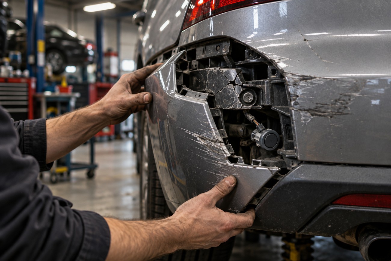 Mechanic hands examining the scratched and damaged rear bumper of a gray car in an auto repair shop