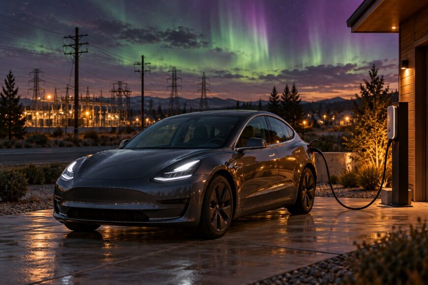 A dark Tesla electric vehicle parked at a home charging station under a vivid northern lights display