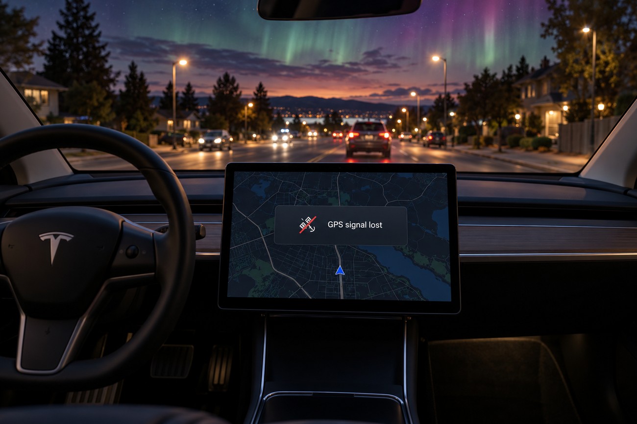 Interior view of a Tesla electric car dashboard showing a GPS signal lost warning on the touchscreen display with aurora in the night sky outside